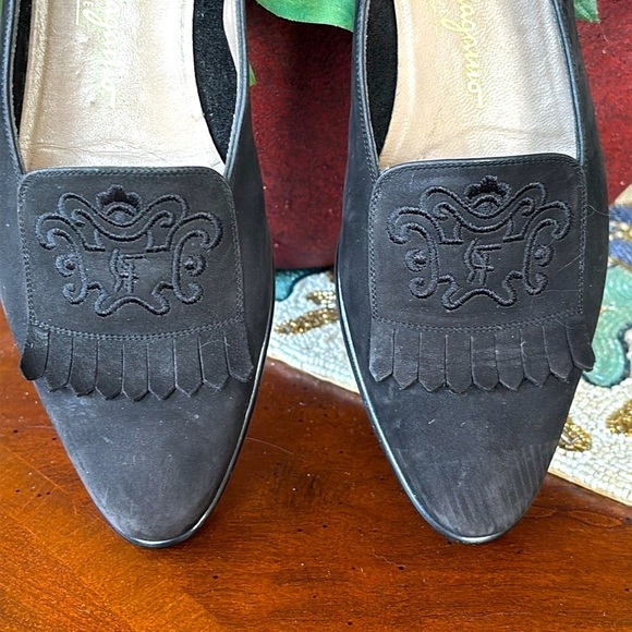 Salvatore Ferragamo Black Suede Leather Loafers Slip On Shoes Embroidered Logo - Picture 5 of 16